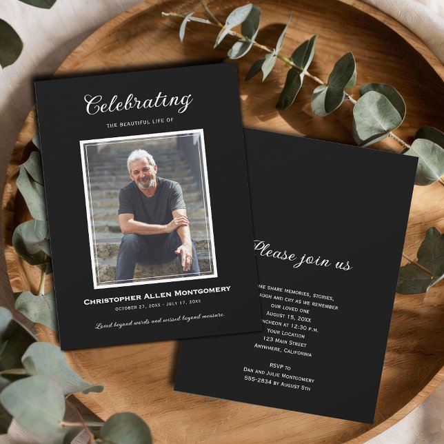 Celebration of Life Funeral Memorial Invitation (Celebration of Life photo funeral black invitations, PRINTED and/or INSTANT DOWNLOAD)