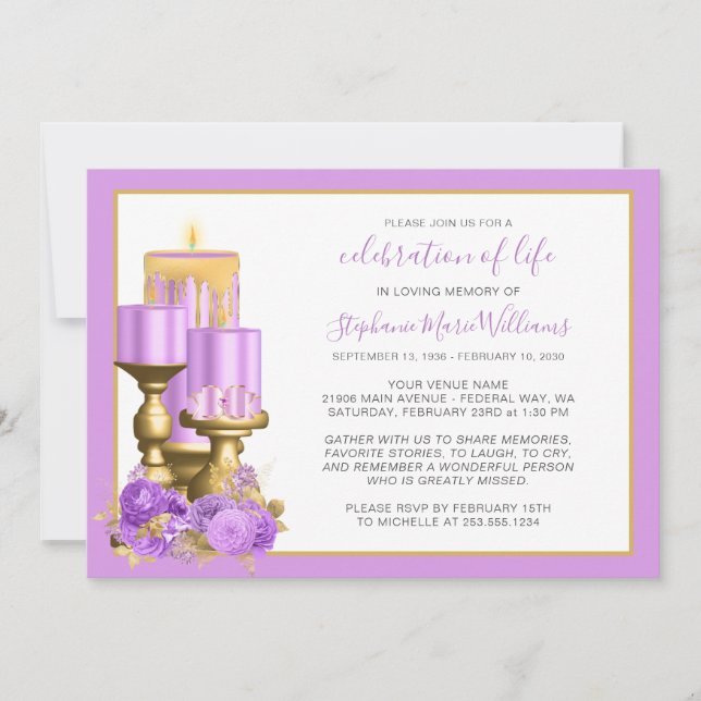Celebration of Life Funeral Memorial Lilac Candle  Invitation (Front)