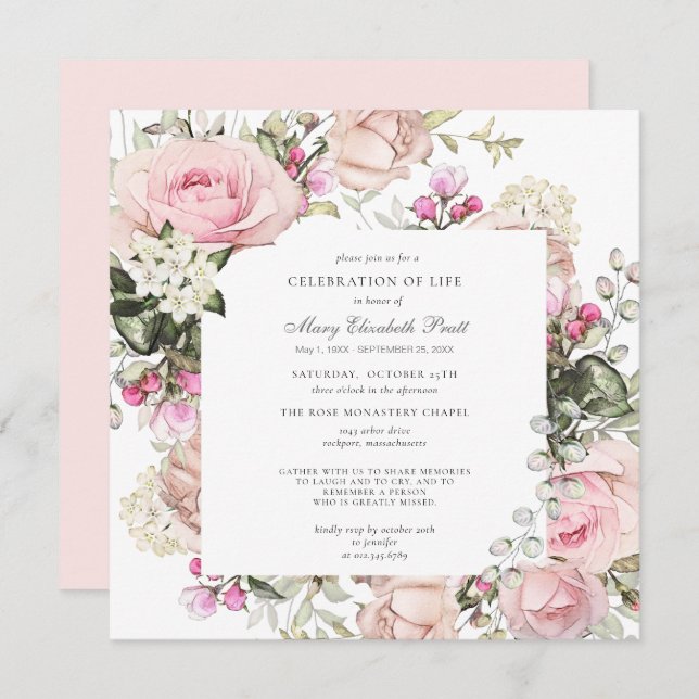 Celebration of Life Funeral Memorial Pink Floral I Invitation (Front/Back)