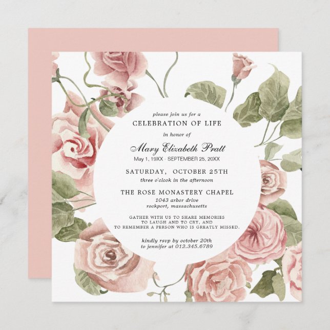 Celebration of Life Funeral Memorial Pink Floral I Invitation (Front/Back)