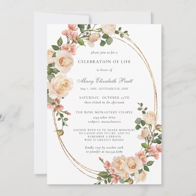 Celebration of Life Funeral Memorial Pink Floral Invitation (Front)