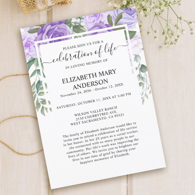 Celebration of Life Funeral Memorial Purple Floral Invitation (Creator Uploaded)