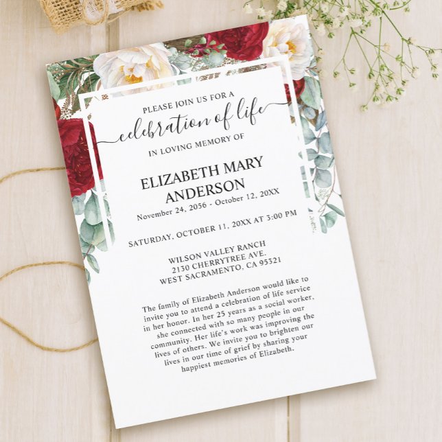 Celebration of Life Funeral Memorial Red Roses Invitation (Creator Uploaded)