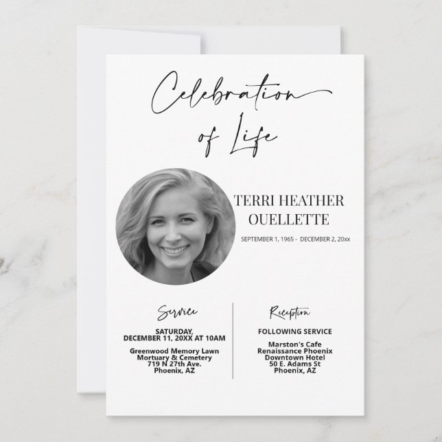 Celebration of Life Funeral Memorial Service Invitation (Front)
