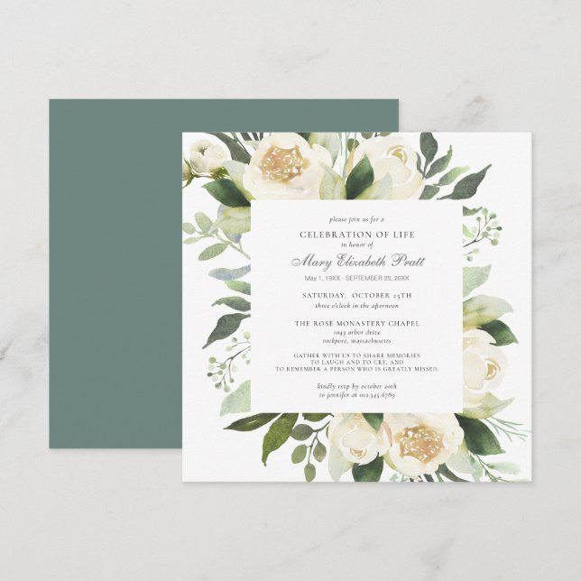 Celebration of Life Funeral Memorial White Floral  Invitation (Front/Back)