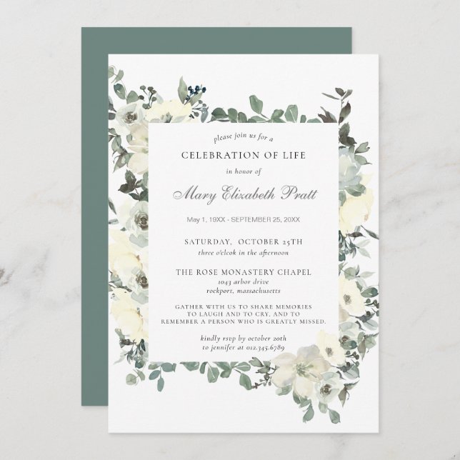 Celebration of Life Funeral Memorial White Floral Invitation (Front/Back)