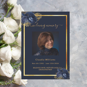Celebration of life funeral navy blue gold photo invitation