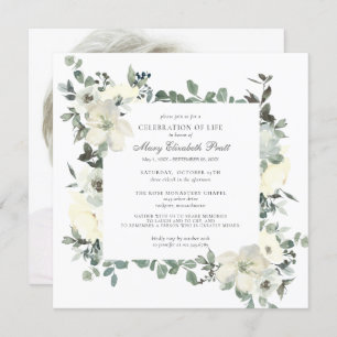 Celebration of Life Funeral Photo White Floral Invitation