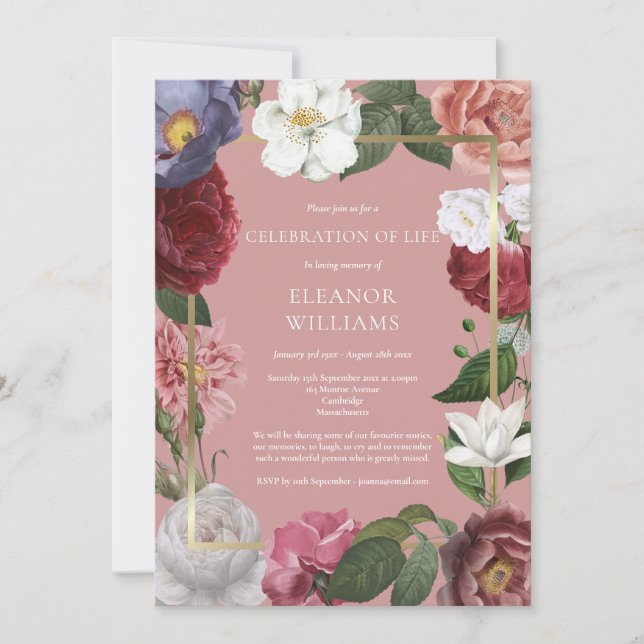 Celebration of Life Funeral Pink Rose Floral Gold Invitation (Front)