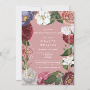 Celebration of Life Funeral Pink Rose Floral Gold Invitation