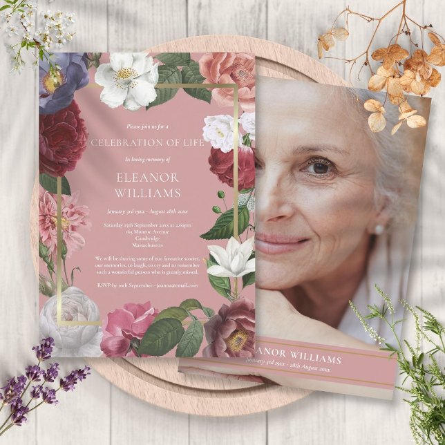 Celebration of Life Funeral Pink Rose Floral Photo Invitation (Celebration of Life Funeral Pink Rose Floral Photo Invitation)