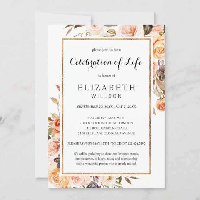 Celebration of Life Funeral Terracotta Floral Invitation (Front)