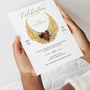Celebration of Life Gold Angel Wings Photo Invitation
