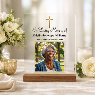 Celebration Of Life Gold Cross Photo Funeral Acrylic Sign