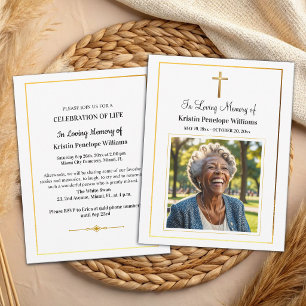 Celebration Of Life Gold Cross Photo Funeral Invitation