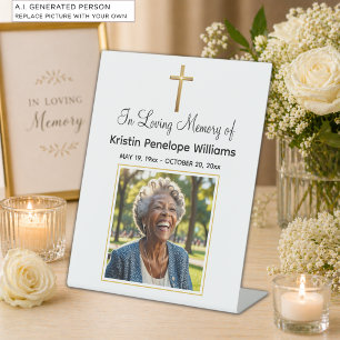 Celebration Of Life Gold Cross Photo Funeral Pedestal Sign
