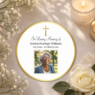 Celebration Of Life Gold Cross Photo Funeral Round Paper Coaster