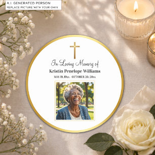 Celebration Of Life Gold Cross Photo Funeral Round Paper Coaster
