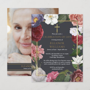 Celebration of Life Gold Cross Rose Floral Photo Announcement Postcard