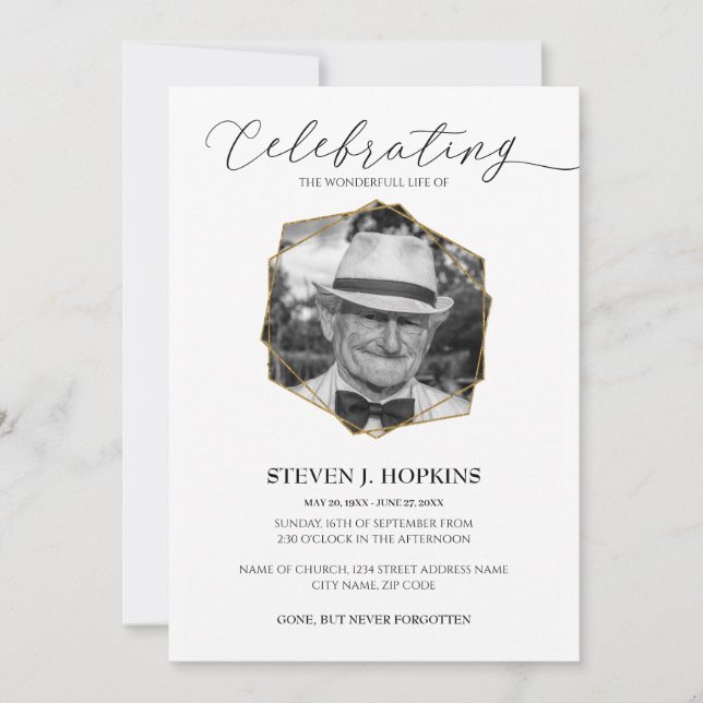 Celebration of Life | Gold Geometric Frame Photo Invitation (Front)