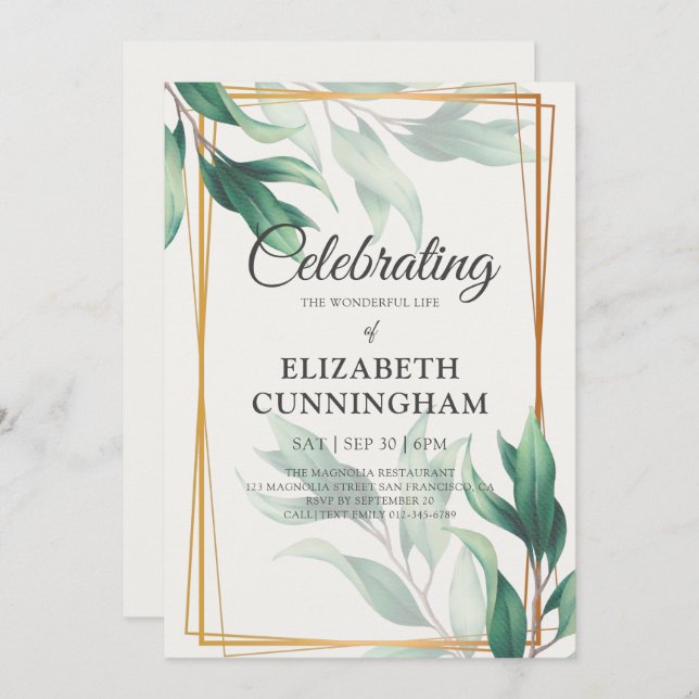 Celebration of Life Green Foliage Gold Geometric Invitation (Front/Back)