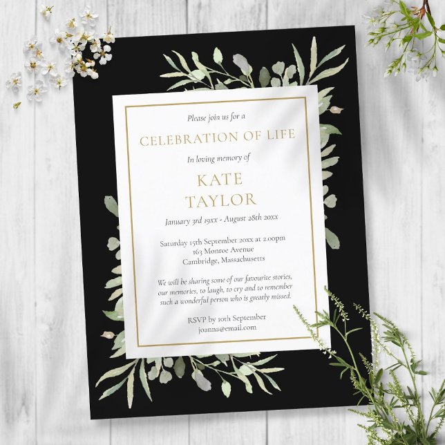Celebration of Life Greenery Black Invitation (Creator Uploaded)