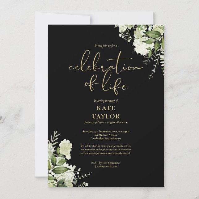 Celebration of Life Greenery Floral Black And Gold Invitation (Front)