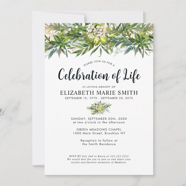 Celebration of Life Greenery Funeral Memorial Invitation (Front)