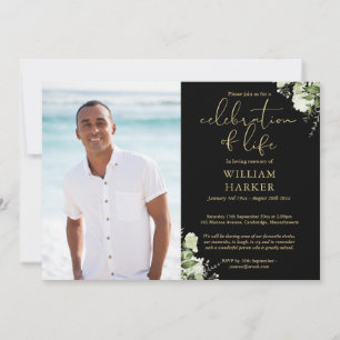 Celebration of Life Greenery Photo Black And Gold Invitation