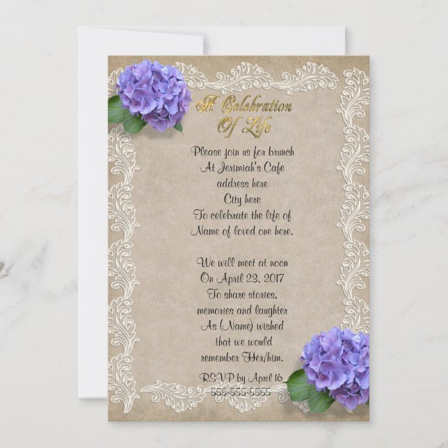 Celebration of life Invitation hydrangea (Front)