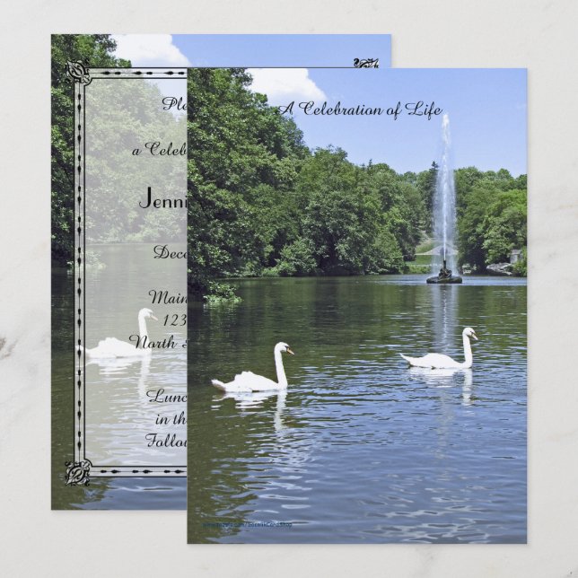 Celebration of Life Invitation, Swans and Fountain Invitation (Front/Back)