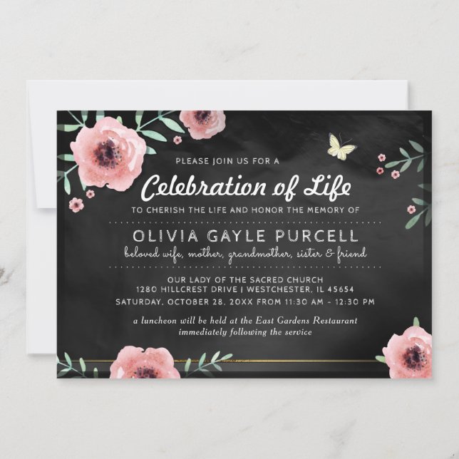 Celebration of Life Invite Pink & Black Floral (Back)
