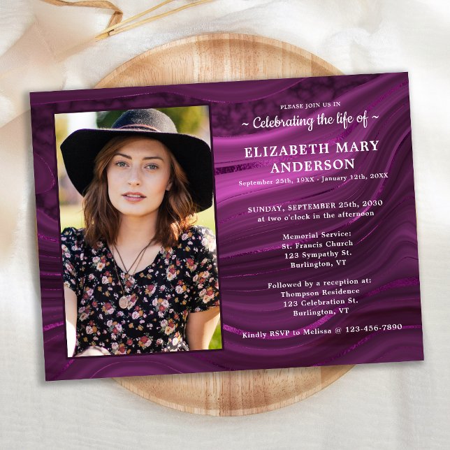 Celebration Of Life Marble Purple Memorial Funeral Invitation Postcard (Creator Uploaded)