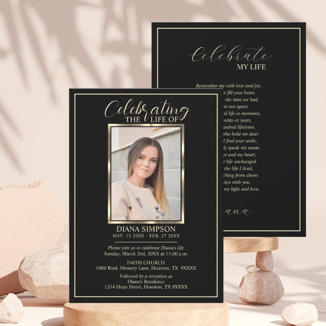 Celebration of Life Memorial Black Photo & Poem Invitation (Creator Uploaded)