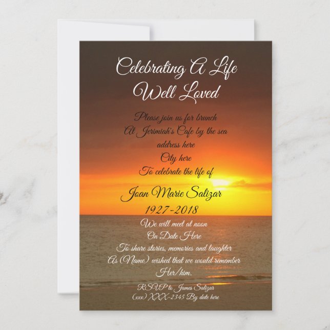 "Celebration of Life"  memorial invitation (Front)