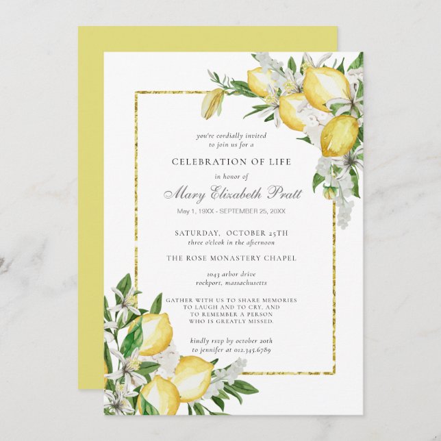 Celebration of Life Memorial Service Lemon Invitat Invitation (Front/Back)