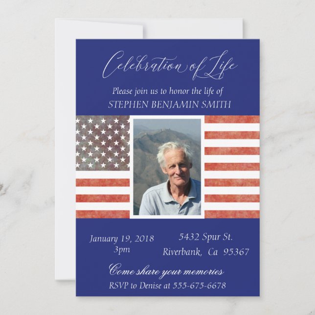 Celebration of Life Memorial Veteran Flag Blue Invitation (Front)