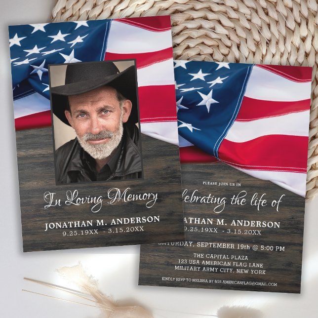 Celebration Of Life Military Veteran US Flag Photo Invitation (Creator Uploaded)