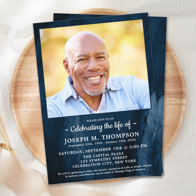 Celebration Of Life Modern Blue Marble Photo  Invitation (Creator Uploaded)