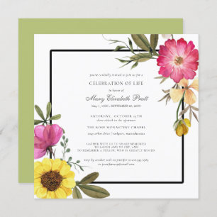 Celebration of Life Modern Boho Pink Yellow Floral Invitation