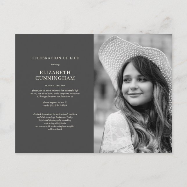 Celebration of Life Modern Chic Elegant Photo Invitation Postcard (Front)
