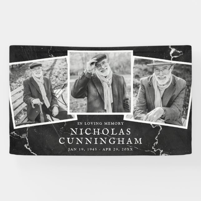 Celebration of Life Modern Dark Stone Three Photo Banner (Horizontal)