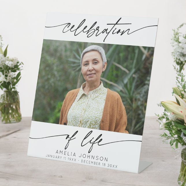 Celebration of Life Modern Script Photo Funeral  Pedestal Sign (Creator Uploaded)