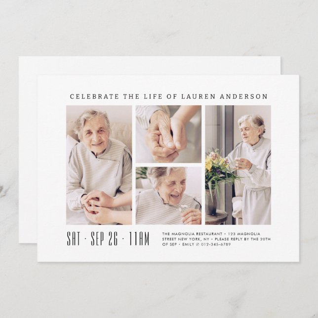 Celebration of Life Modern Simple 4 Photo Collage Invitation (Front/Back)