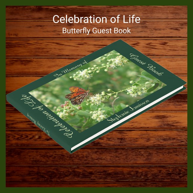 Celebration of Life, Name, Orange Butterfly, Green Guest Book (Creator Uploaded)