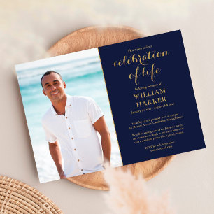 Celebration of Life Navy Blue Gold Funeral Photo Invitation
