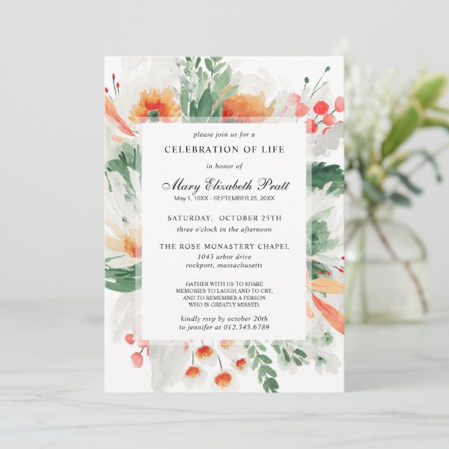 Celebration of Life Orange White Floral Botanical Invitation (Standing Front)
