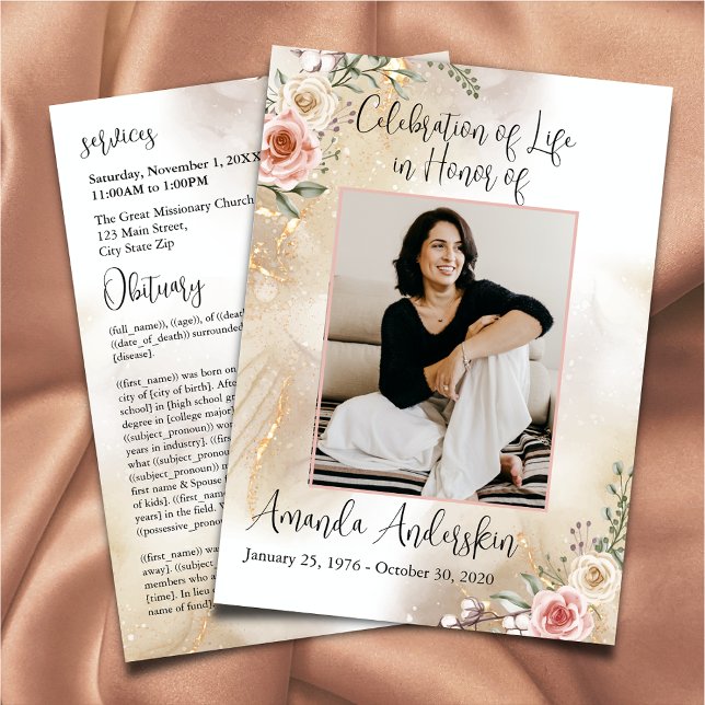 Celebration of Life Peach and Gold Obituary Invitation (Creator Uploaded)