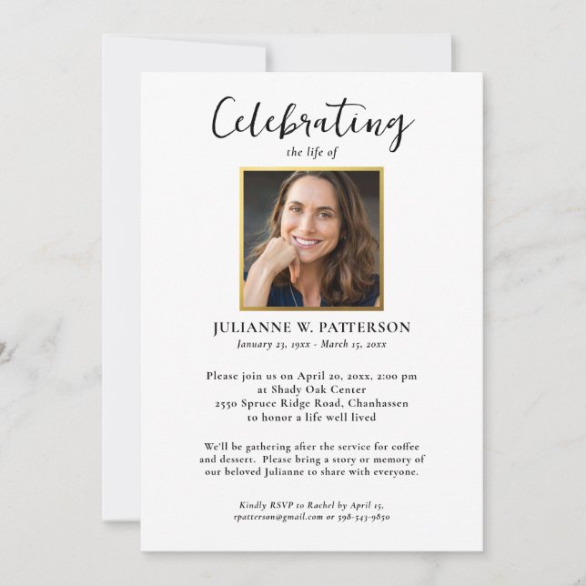 Celebration of Life Photo, Elegant Gold Funeral Invitation (Front)