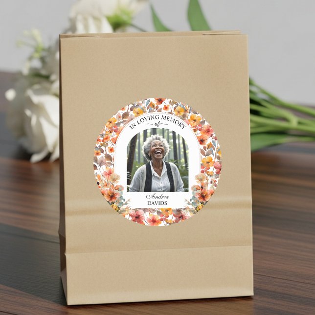 Celebration Of Life Photo Funeral Colourful Floral Classic Round Sticker (Creator Uploaded)
